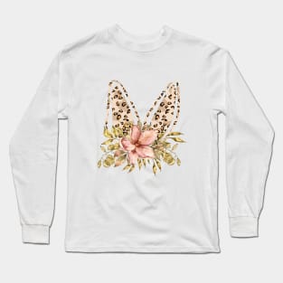 Cute leopard floral boho bunny ears illustration Long Sleeve T-Shirt